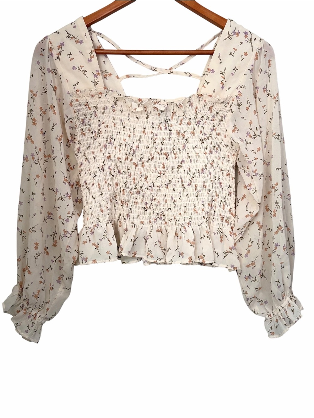 Papermoon Cream Floral Smocked Ruffle Long-Sleeve Top